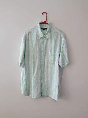 Indian Terrain Light Green White Striped Short-Sleeve Button-Down Shirt Linen XL